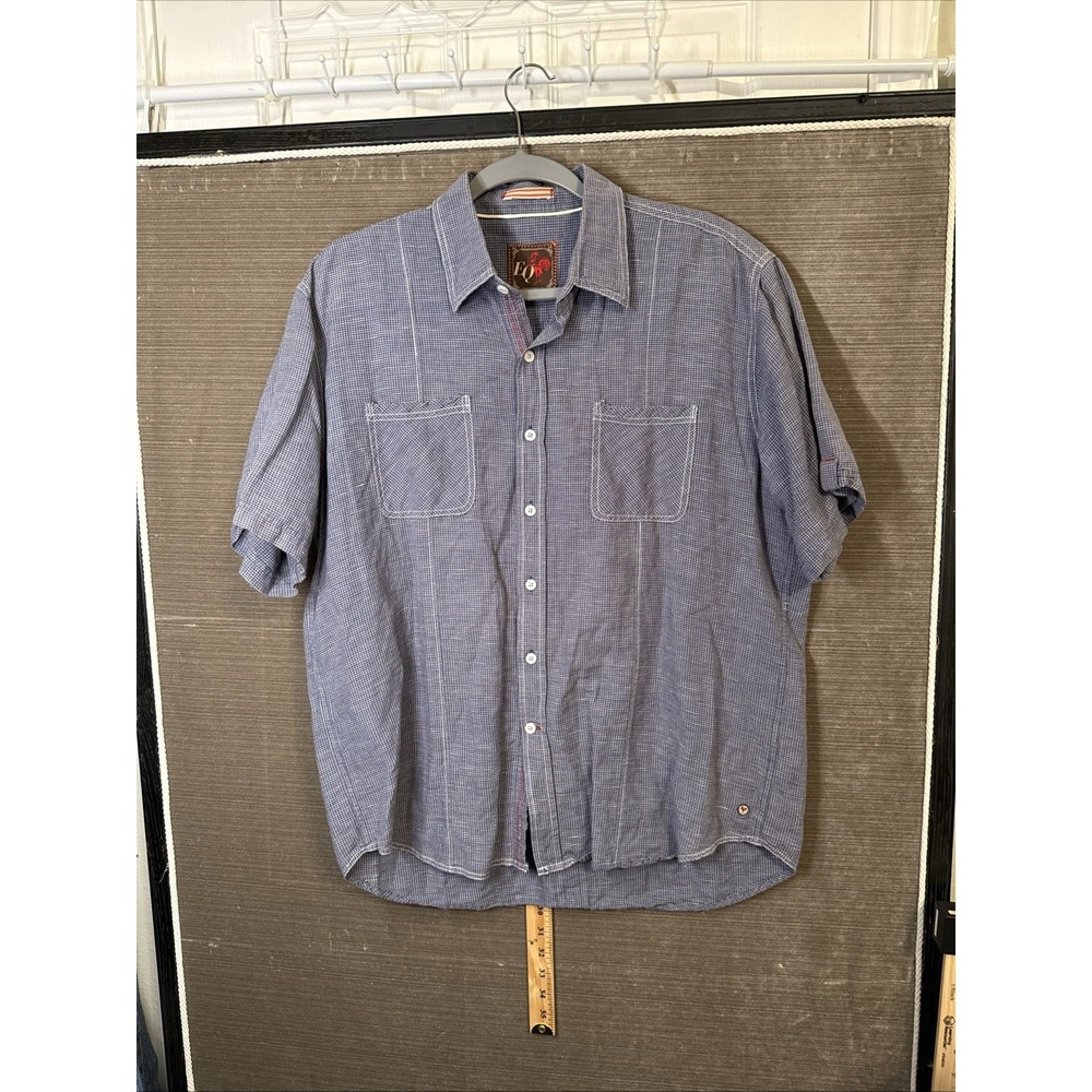 EQ Equilibrio Rooster Button Up Shirt Men XL Blue Crosshatch Pattern Short Sleev